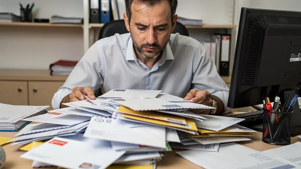 Employé observant pile d'enveloppes recommandées, charge administrative recommandé papier