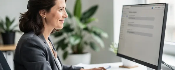Professionnelle française consultant son écran avec satisfaction, solution recommandé électronique