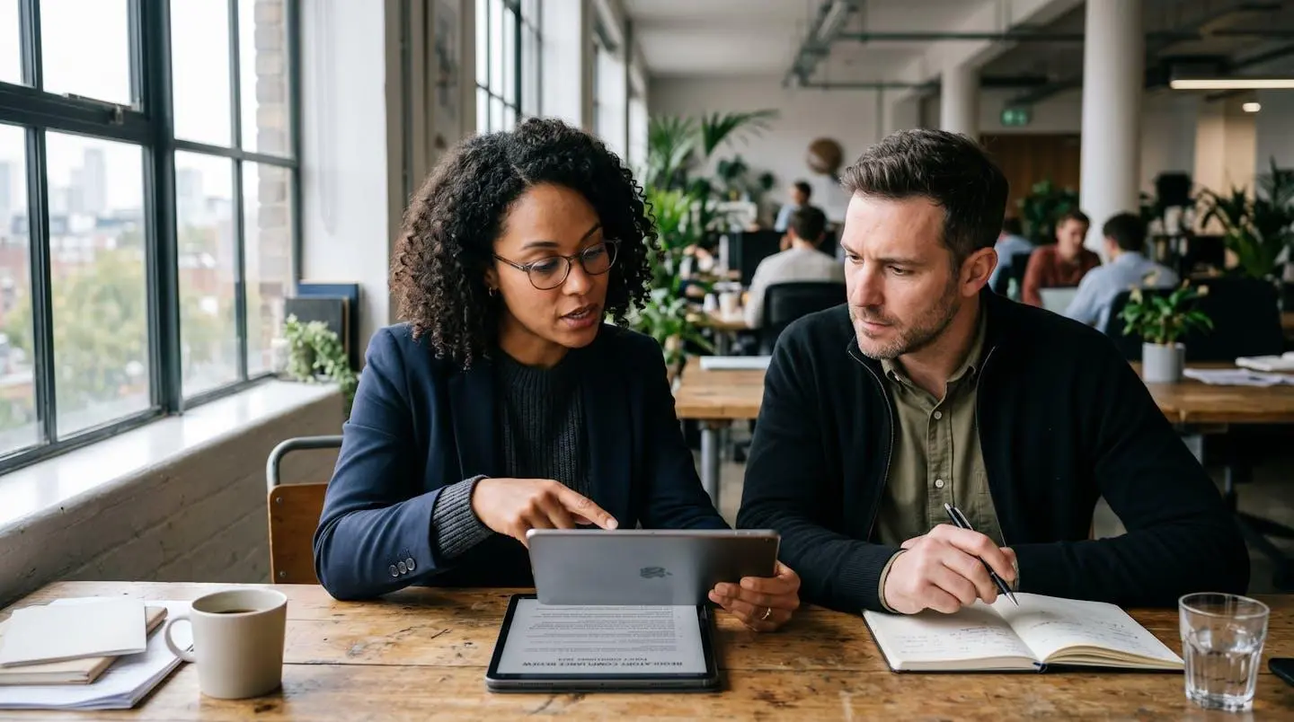 Deux membres d'une équipe juridique examinent des documents réglementaires sur tablette dans un espace de travail collaboratif