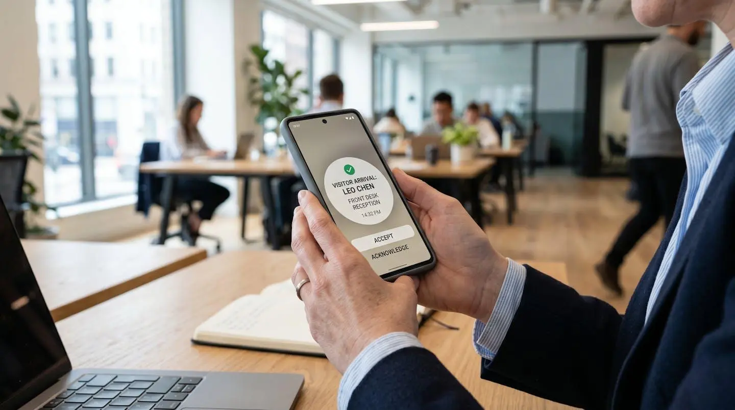 Gros plan sur les mains d'un professionnel consultant une notification de réception sécurisée sur smartphone dans un environnement de bureau