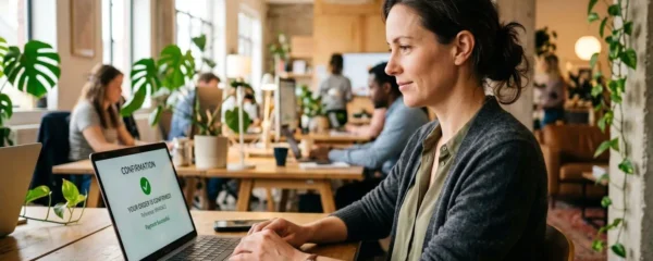Un professionnel en bureau ouvert vérifie sur son écran une confirmation d'envoi recommandé électronique