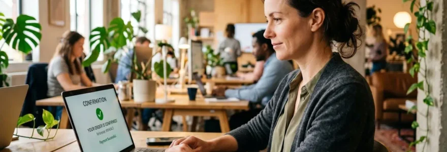 Un professionnel en bureau ouvert vérifie sur son écran une confirmation d'envoi recommandé électronique