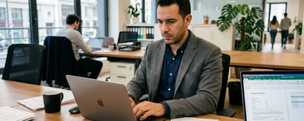 Responsable administratif dans un bureau moderne sécurisant ses envois de recommandés électroniques sur ordinateur portable