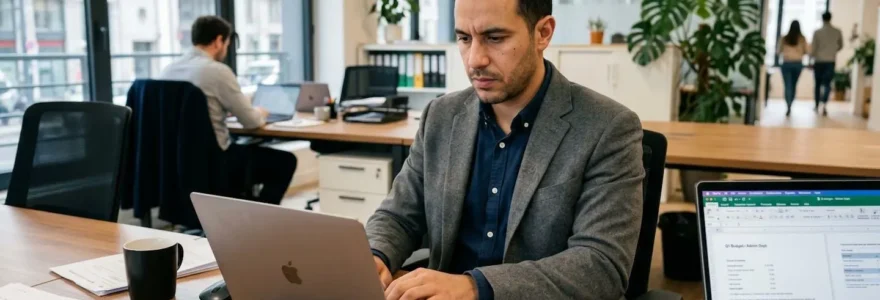 Responsable administratif dans un bureau moderne sécurisant ses envois de recommandés électroniques sur ordinateur portable