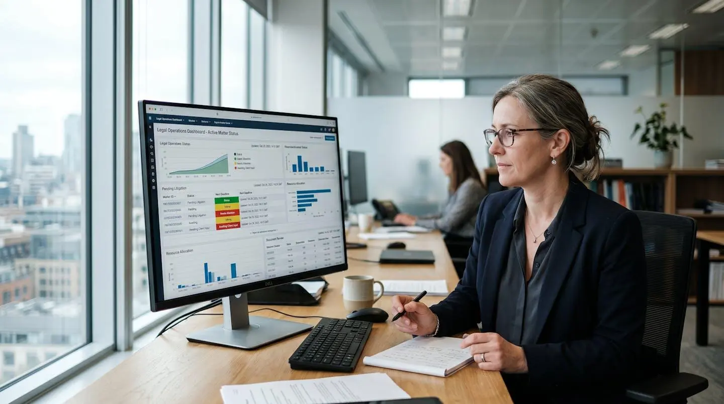 Responsable juridique consultant un tableau de bord numérique affichant les statuts d'envoi de lettres recommandées électroniques